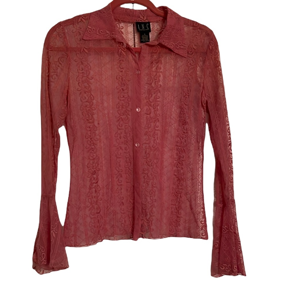 Salmon color I.N.C sheer lace blouse/top. Button front/bell sleeve. Size small.